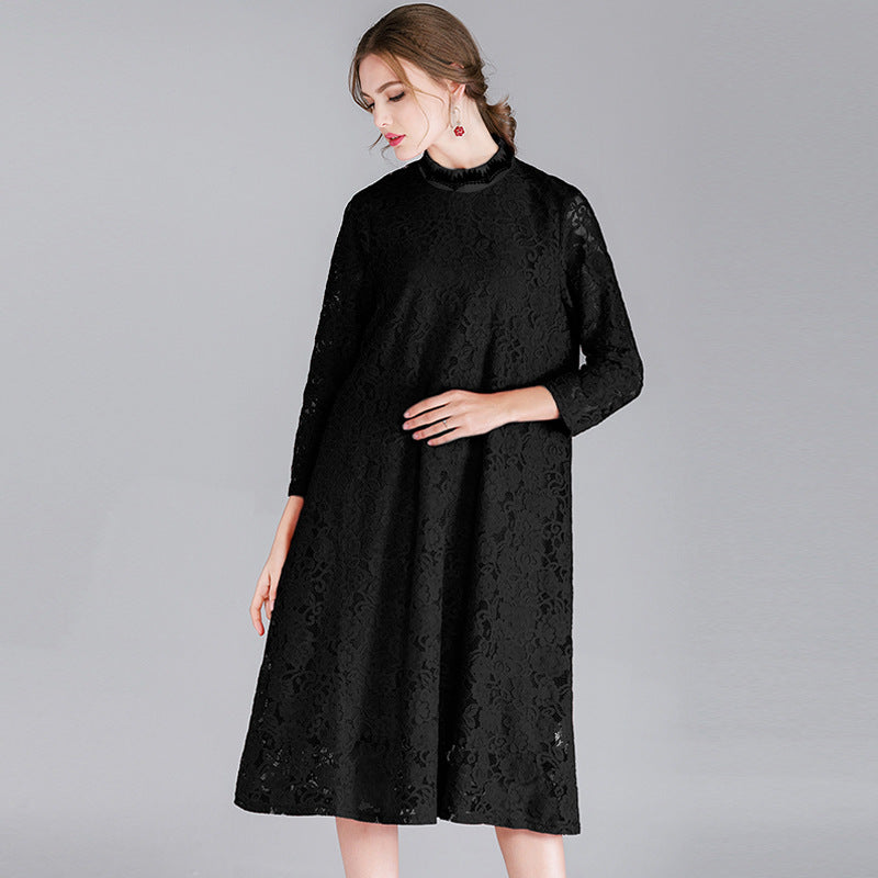 Fat mm2023 ropa de primavera de gran tamaño para mujer nuevo rojo festivo pequeño collar de soporte color de contraste vestido de encaje fino 7139