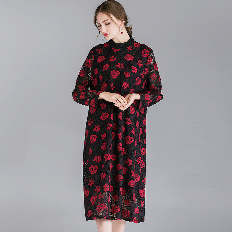Fat mm2023 ropa de primavera de gran tamaño para mujer nuevo rojo festivo pequeño collar de soporte color de contraste vestido de encaje fino 7139