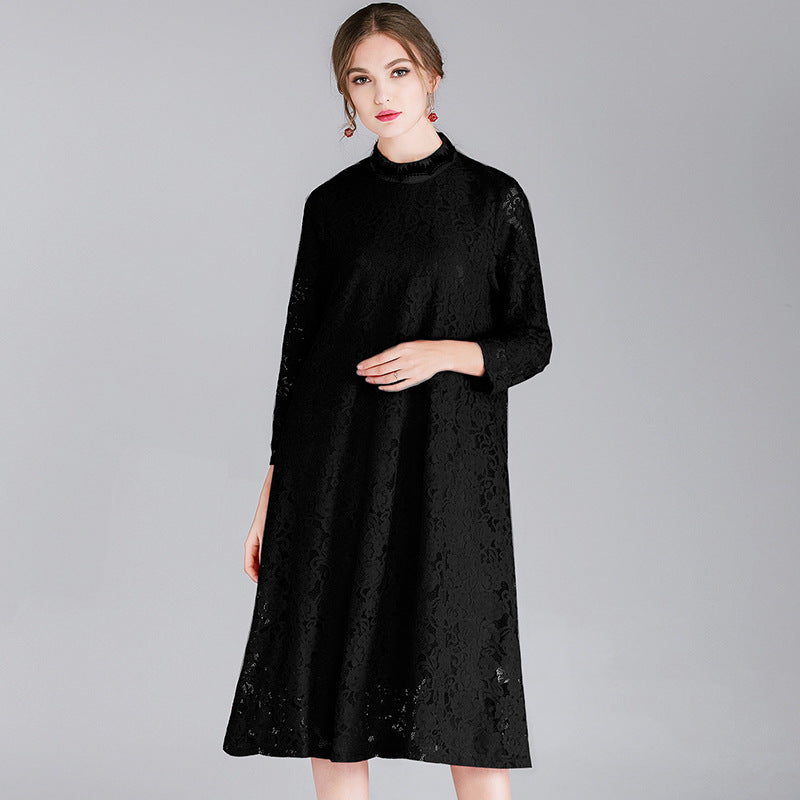 Fat mm2023 ropa de primavera de gran tamaño para mujer nuevo rojo festivo pequeño collar de soporte color de contraste vestido de encaje fino 7139