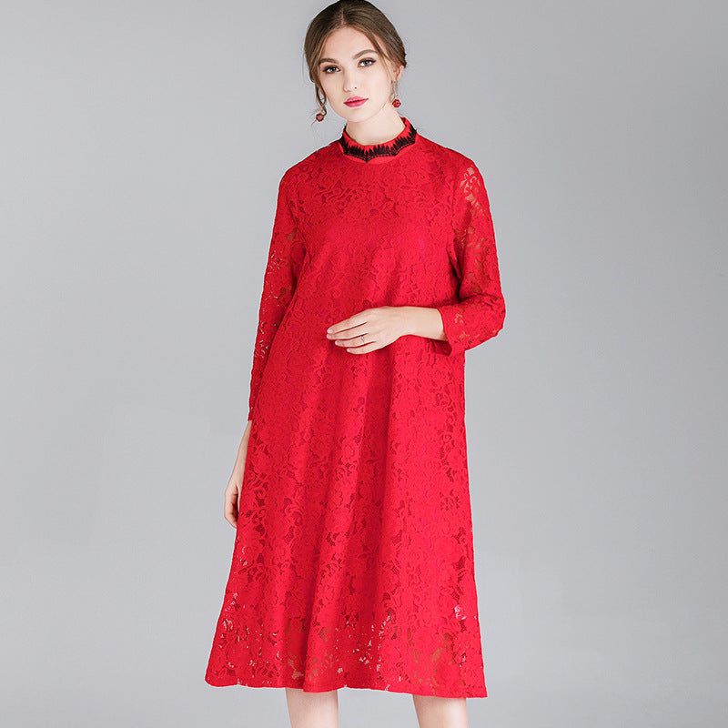 Fat mm2023 ropa de primavera de gran tamaño para mujer nuevo rojo festivo pequeño collar de soporte color de contraste vestido de encaje fino 7139