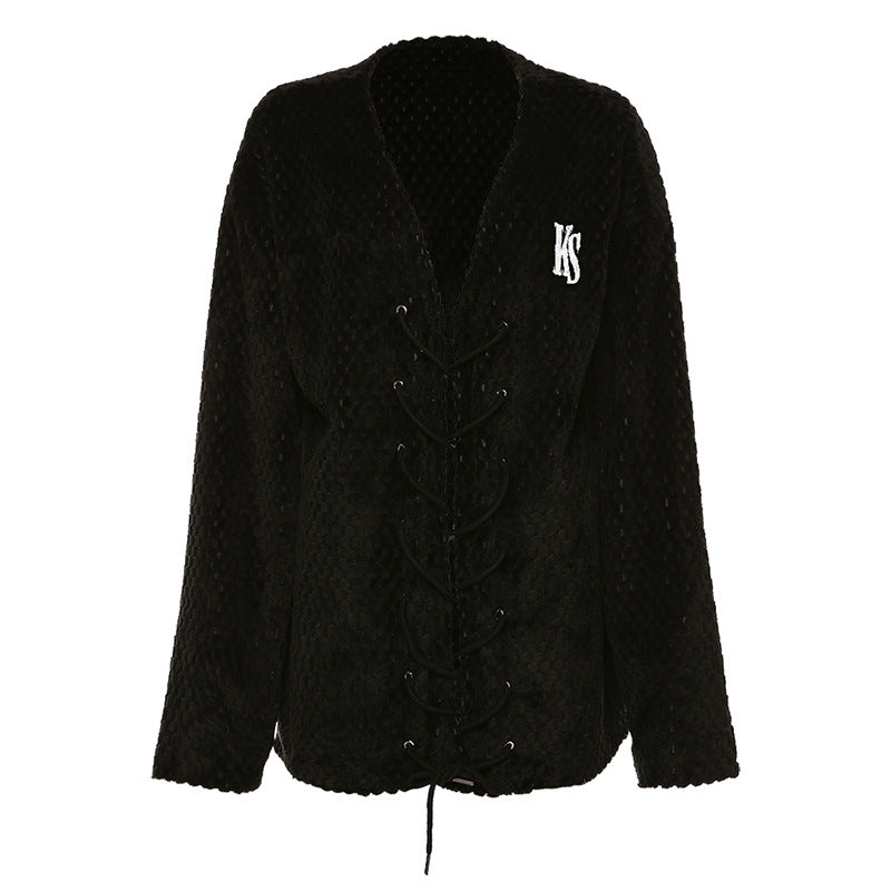 Amazon Winter Damen neue langärmlige Strickjacke mit Band und V-Ausschnitt, lockere, wilde, dünne Jacke
