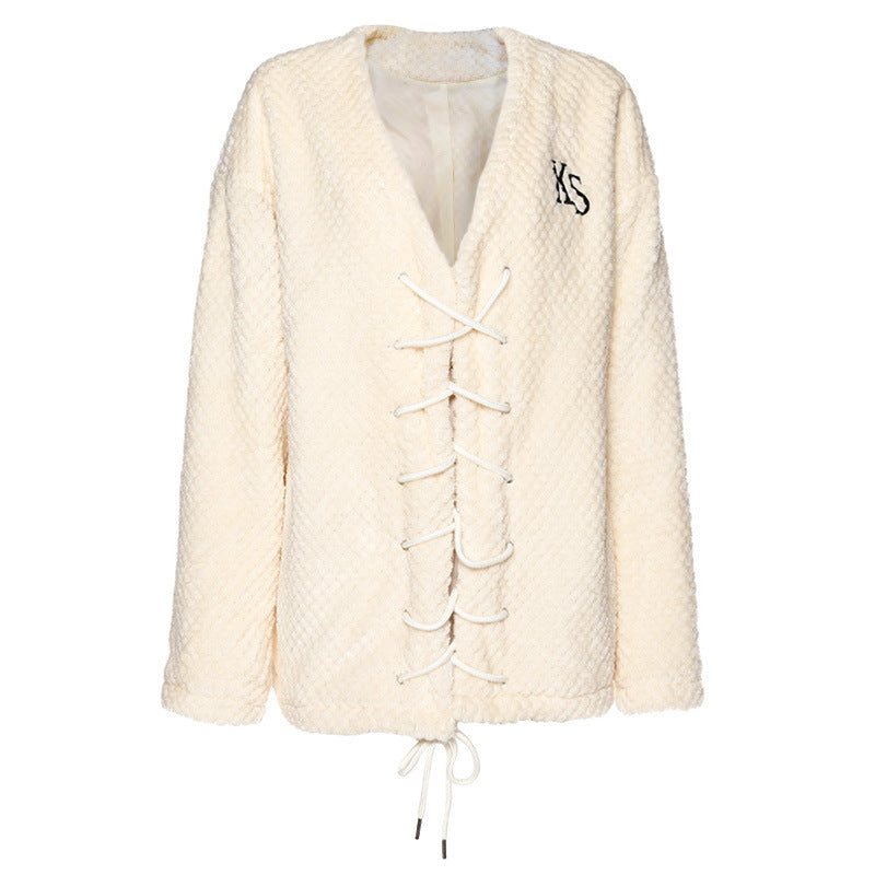 Amazon Winter Damen neue langärmlige Strickjacke mit Band und V-Ausschnitt, lockere, wilde, dünne Jacke