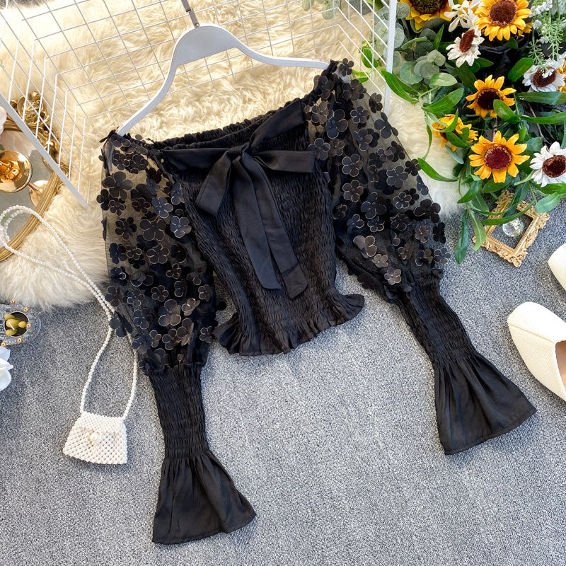 Frühling und Sommer neue Mädchen Gericht Wind Schal Superfee süße dreidimensionale Mesh-Schulter Blase Ärmel kurze kleine T-Shirt Flut