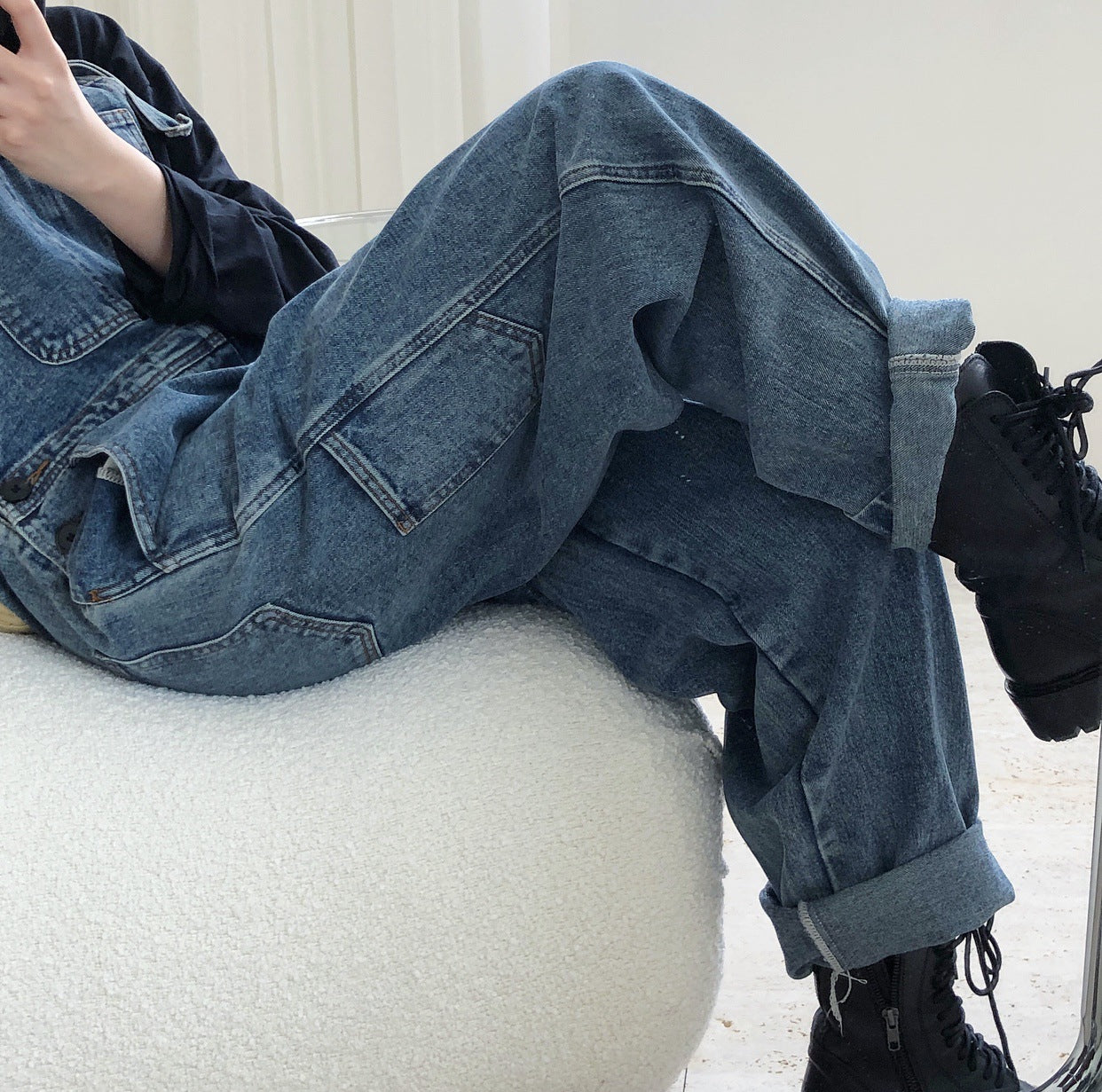 Autumn new American retro high waist wide-legged denim straps loose thin water wash age-mop trousers women