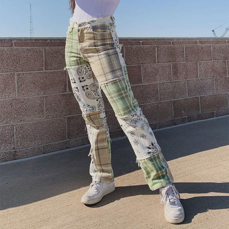 2023 personalidad de comercio exterior europea y americana street plaid estampado costura contraste color crudo pantalones cortos de mezclilla pantalones rectos