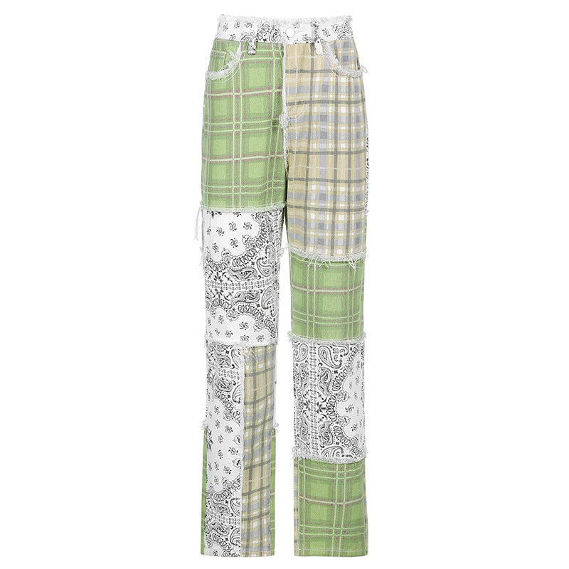 2023 personalidad de comercio exterior europea y americana street plaid estampado costura contraste color crudo pantalones cortos de mezclilla pantalones rectos