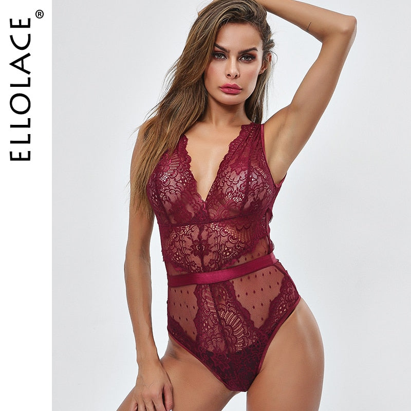 Ellolace Summer Lace Bodysuit Women Embroidery Transparent Deep V Neck Sexy Bodys Dot Bodycon Mesh Top Sleeveless Femlae Body