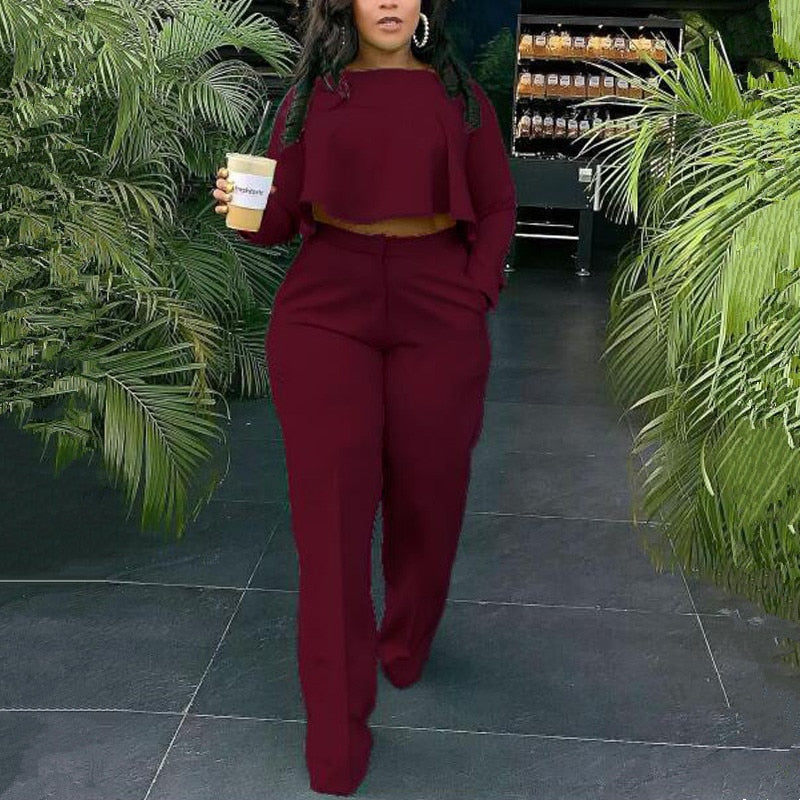 2023 Women Fall Fashion Two Piece Set Casual Suits Solid Color Full Sleeve Dip Hem Crop Top Shirt & Loose Pants Set