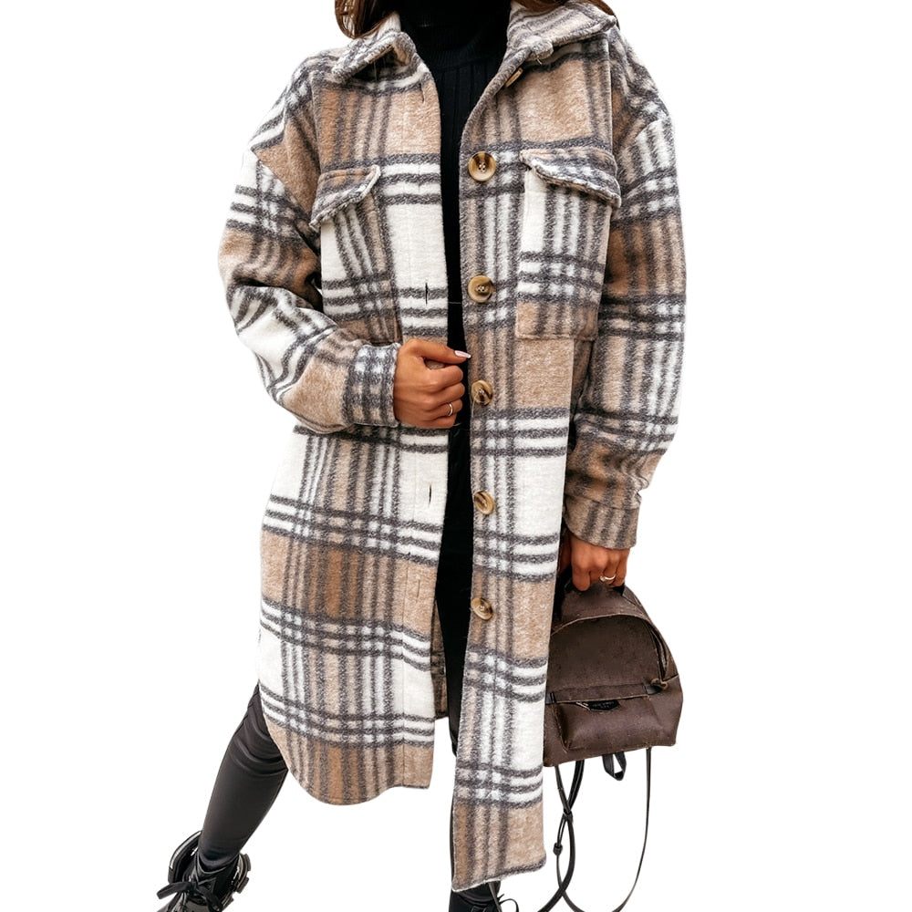 Herbst Winter Frauen Karierte Jacke Lässig Umlegekragen Plaid Langer Mantel Weiblicher Übergroßer Dicker Warmer Wollmischungen Mantel