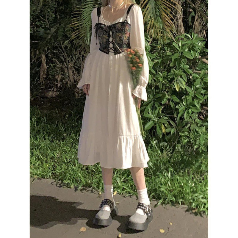 Large size women's white dress women's autumn 2022 new French square collar slim ruffled long-sleeved skirt