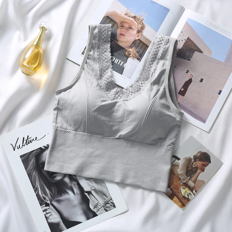 Summer seamless cotton lace V-neck straps vest leopard female gather no steel ring abdomen latex large size bra