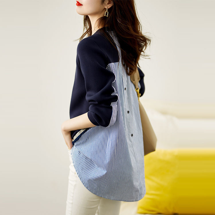 Gestreifter Spleißhemdpullover weiblich 2023 neues Freizeitalter gehülltes einreihiges Mode-Wildtop