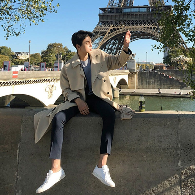 Chaqueta cortavientos larga retro para hombre británico 2023 nuevos hombres guapo abrigo suelto