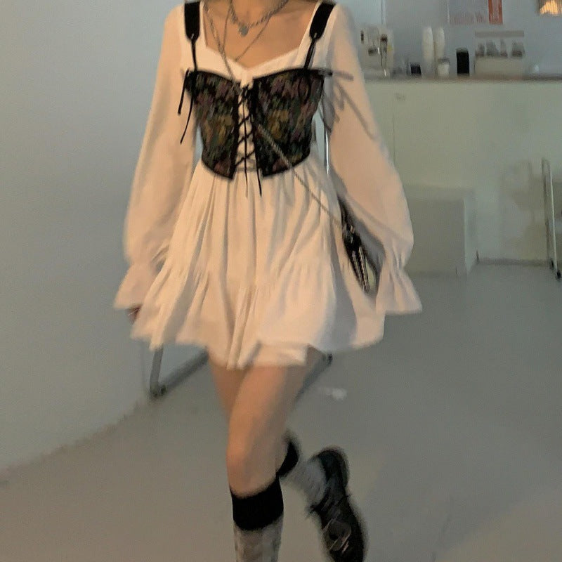 Large size women's white dress women's autumn 2022 new French square collar slim ruffled long-sleeved skirt