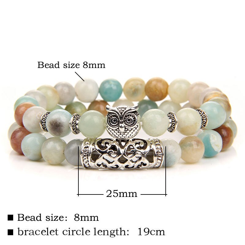Pulsera de cuentas de piedra Natural de doble capa, pulsera con abalorio de búho de Color plateado, pulseras de aventurina de amazonita para mujeres y hombres, joyería