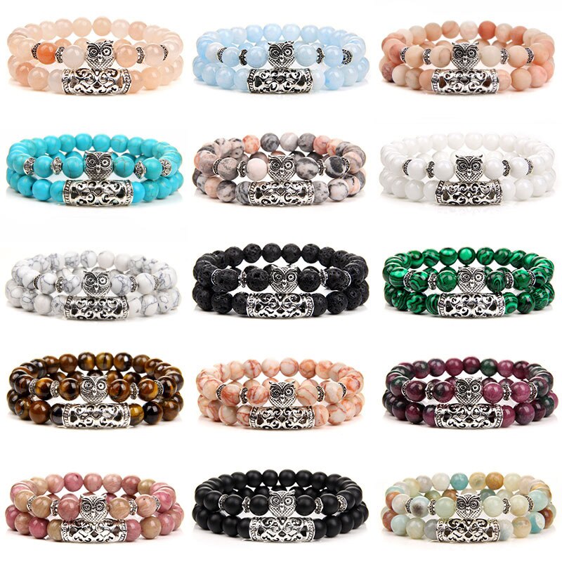 Pulsera de cuentas de piedra Natural de doble capa, pulsera con abalorio de búho de Color plateado, pulseras de aventurina de amazonita para mujeres y hombres, joyería