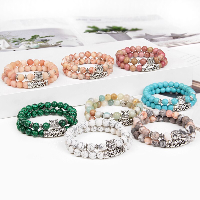 Pulsera de cuentas de piedra Natural de doble capa, pulsera con abalorio de búho de Color plateado, pulseras de aventurina de amazonita para mujeres y hombres, joyería