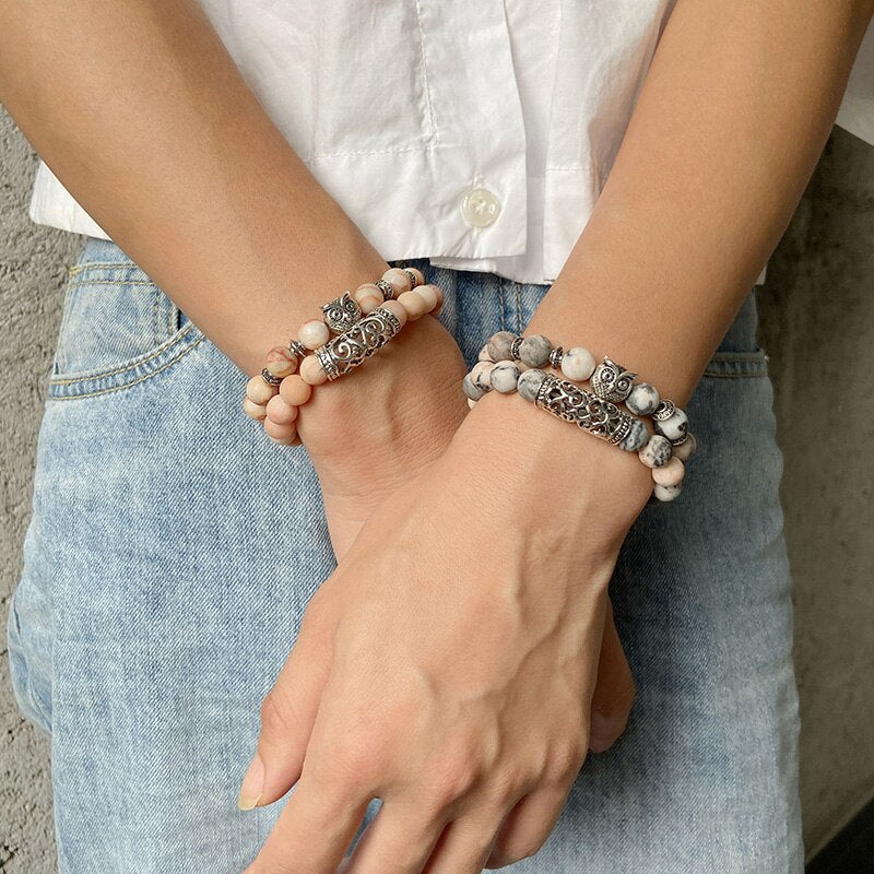 Pulsera de cuentas de piedra Natural de doble capa, pulsera con abalorio de búho de Color plateado, pulseras de aventurina de amazonita para mujeres y hombres, joyería