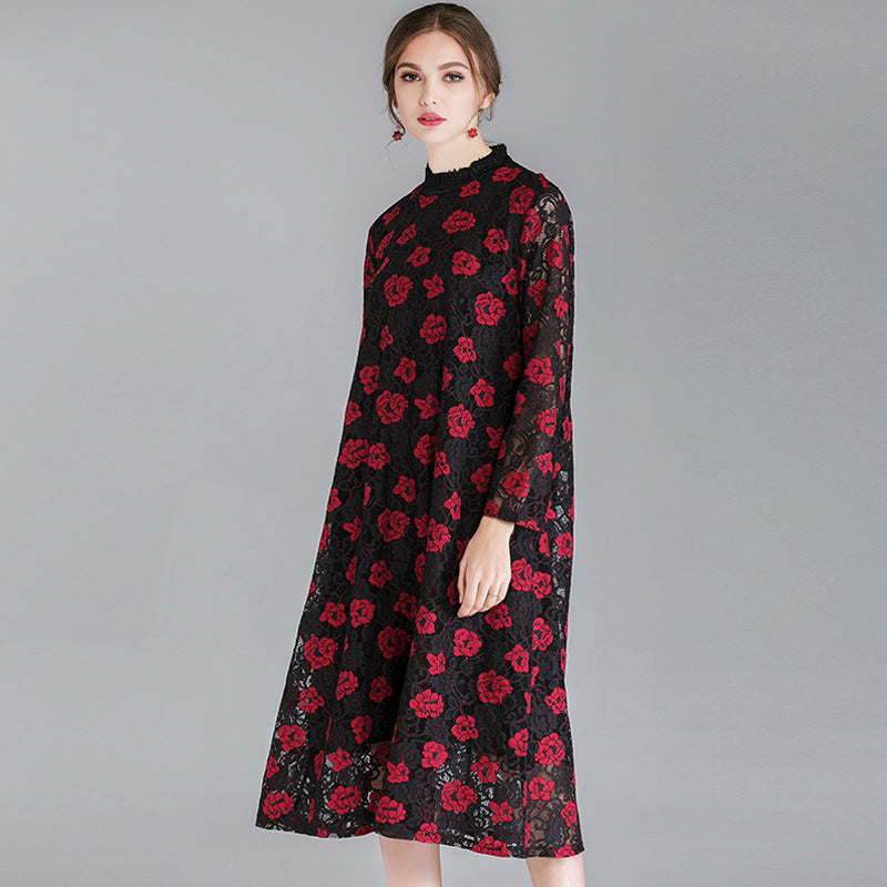 Fat mm2023 large size women's spring clothing new red festive small stand collar contrast color thin lace dress 7139