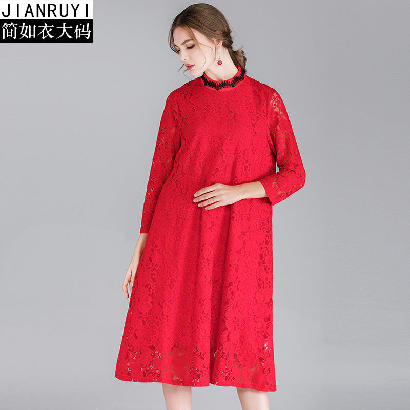 Fat mm2023 large size women's spring clothing new red festive small stand collar contrast color thin lace dress 7139