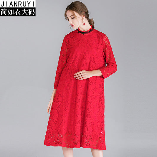 Fat mm2023 ropa de primavera de gran tamaño para mujer nuevo rojo festivo pequeño collar de soporte color de contraste vestido de encaje fino 7139