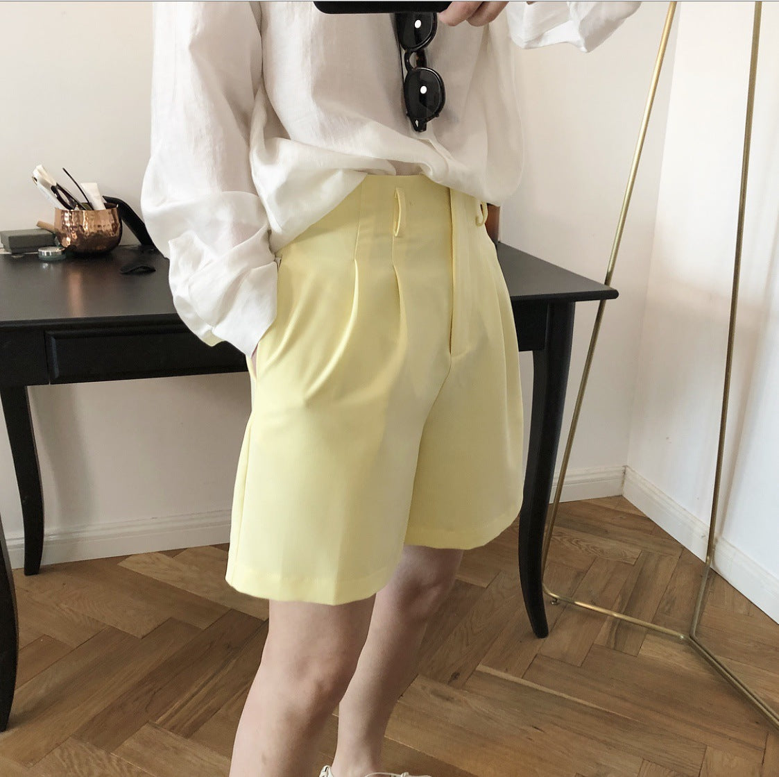 Louu verano nueva Corea Dongda puerta calidad Simple casual alta cintura traje pantalones cortos sueltos moda Mujer