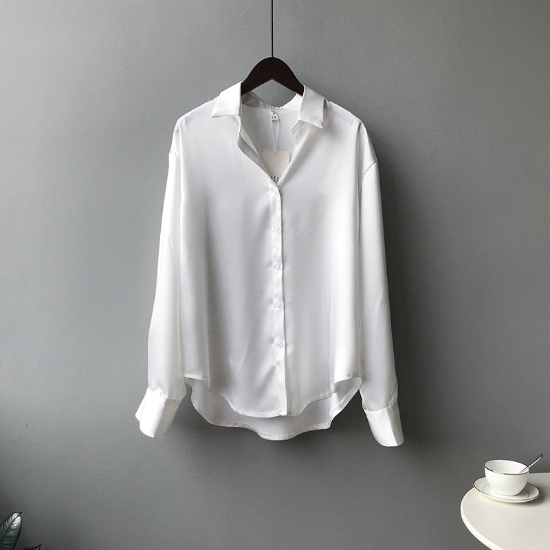 Word double shirt 2023  solid color temperament loose thin long sleeve lapel shirt female 0726