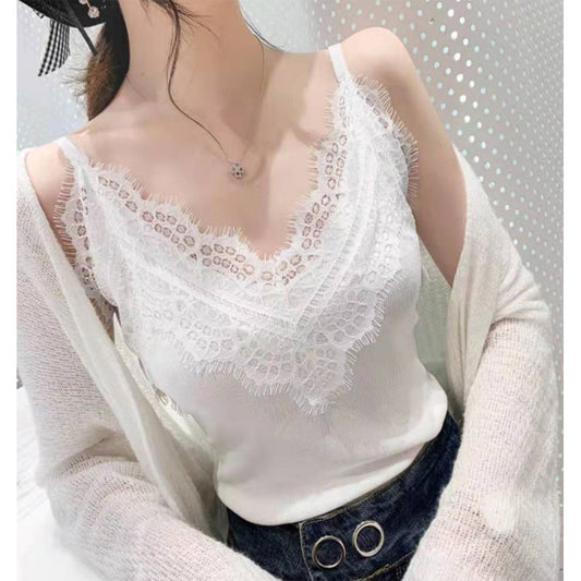 Chaleco con correa de seda de hielo para mujer, viento europeo y americano, sexy, con cuello en V, sin mangas, con encaje, camisa de fondo, vestido exterior, suéter fino de hierba