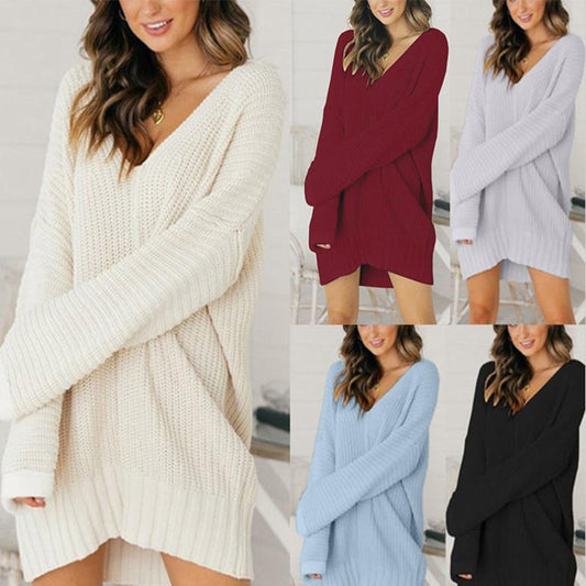 2023  sweater  ladies loose v-neck mid-length dress sweater cross-border women's clothing