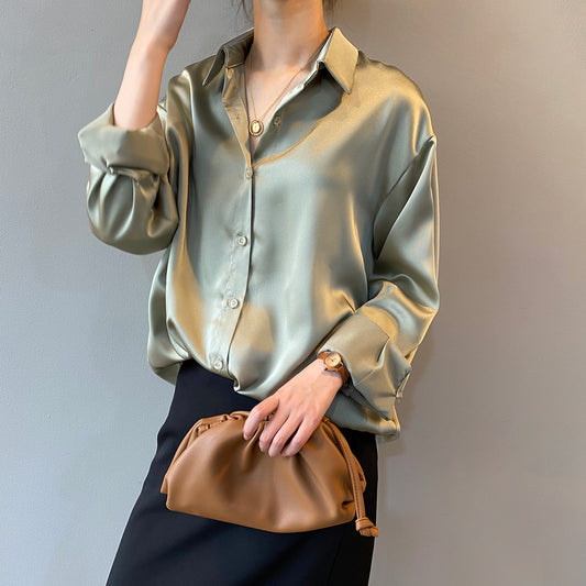 Word double shirt 2023  solid color temperament loose thin long sleeve lapel shirt female 0726