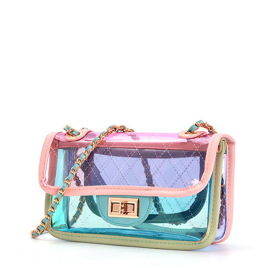 Bolso transparente transfronterizo femenino nueva marea INS color mini bolso de gelatina Bolso mensajero pequeño paquete de cadena de rombos de viento fragante