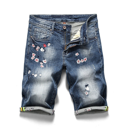 Stickerei der Frühlings- und Sommerneuen nationalen Flutwindhose-Jeans-Männer dünner gerader wilder Fünf-Punkte-Denim-kurze Hosenmann