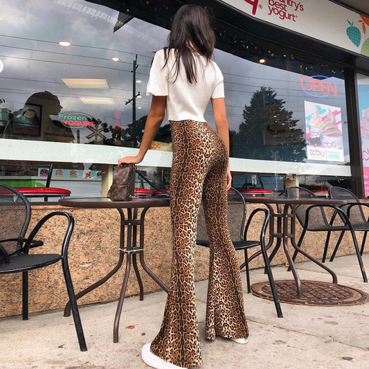 Productos calientes otoño nuevo elástico de cintura alta estampado de leopardo pantalones acampanados ropa de mujer larga al por mayor