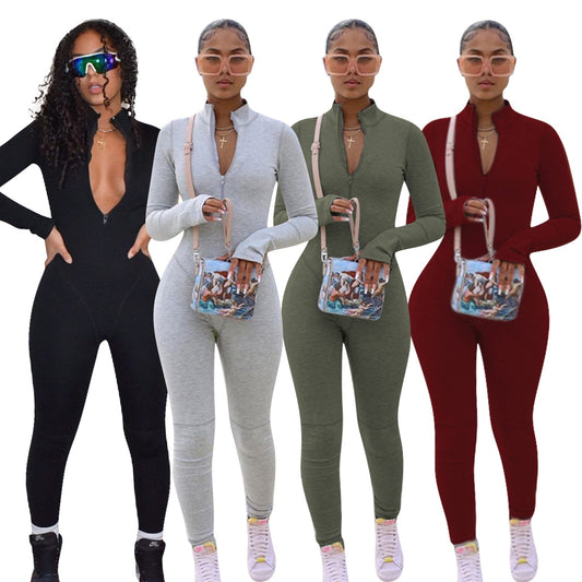 Echoine Zipper Long Sleeve Jumpsuit Green Gray Skinny Bodycon Sexy Rompers Autumn Rompers Party Clubwear Outfits Overalls Women