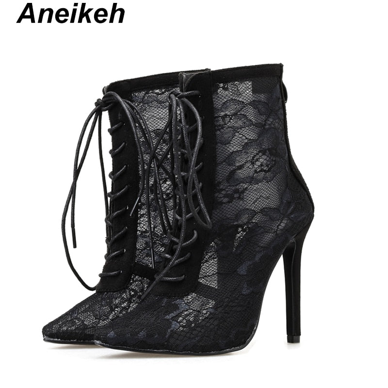 Aneikeh 2023 New Mature Mesh Women Boots Floral Lace-Up Thin High Heels Ankle Pointed Toed Party Wedding Shoes Black Size 35-40