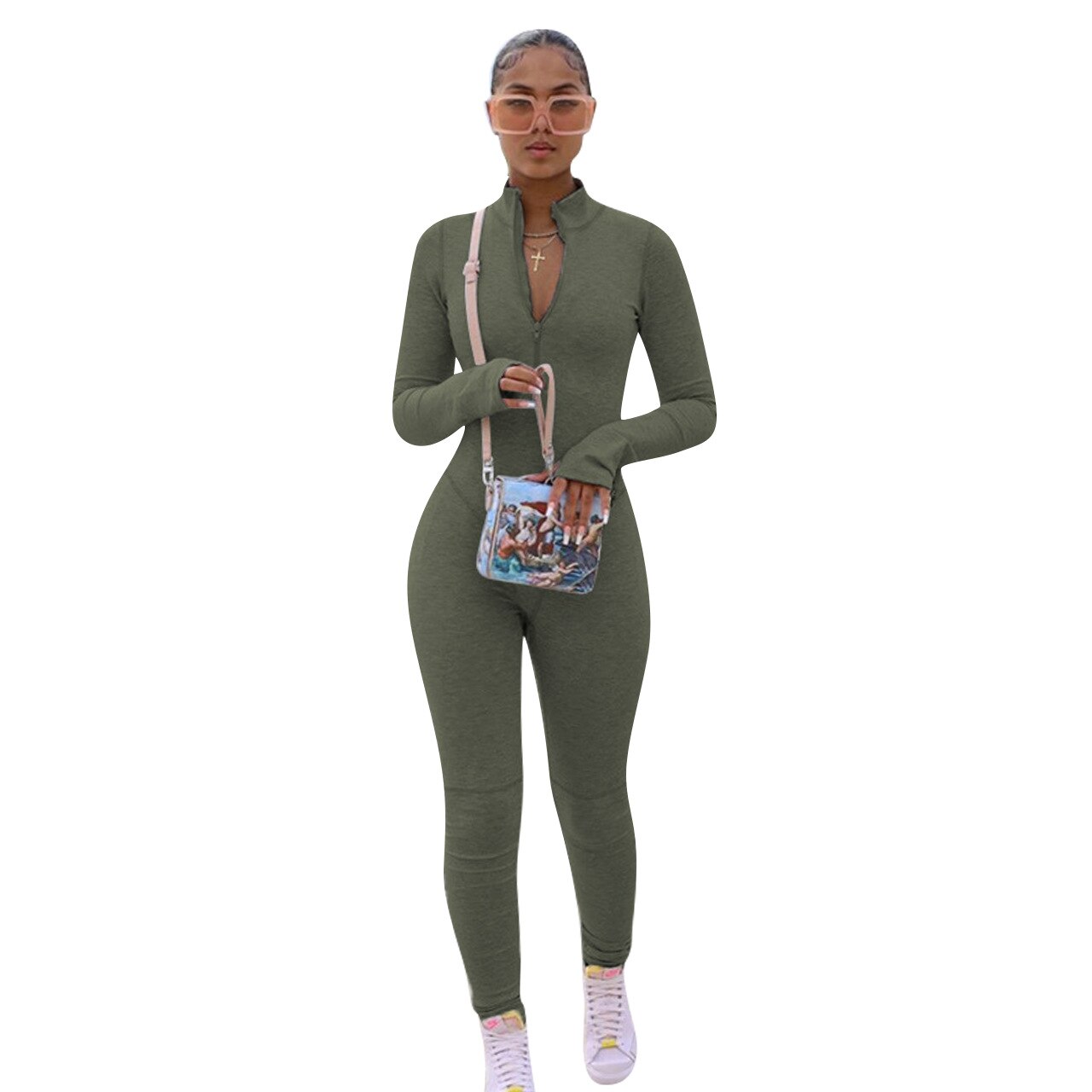 Echoine Zipper Long Sleeve Jumpsuit Green Gray Skinny Bodycon Sexy Rompers Autumn Rompers Party Clubwear Outfits Overalls Women