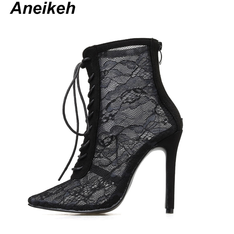 Aneikeh 2023 New Mature Mesh Women Boots Floral Lace-Up Thin High Heels Ankle Pointed Toed Party Wedding Shoes Black Size 35-40