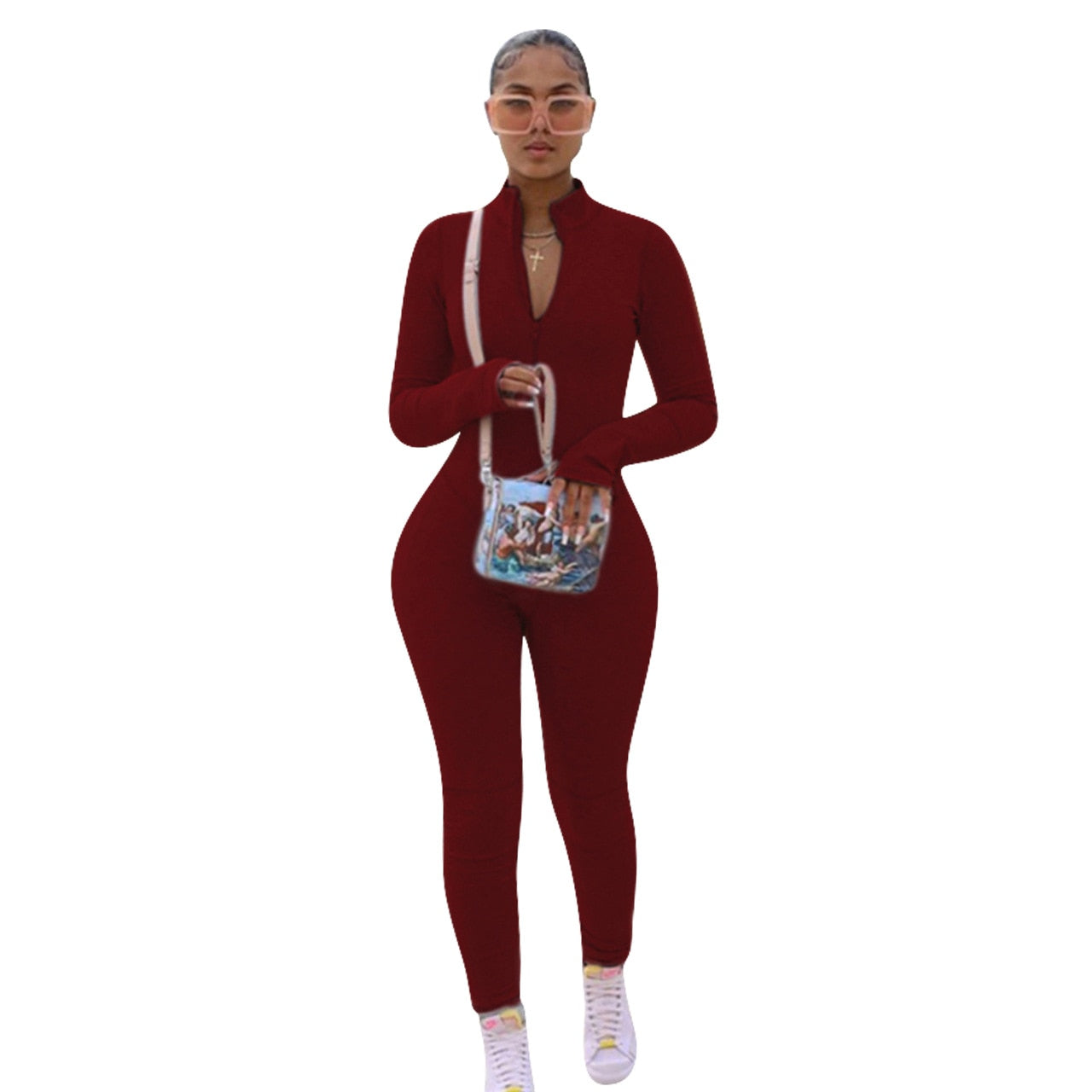 Echoine Zipper Long Sleeve Jumpsuit Green Gray Skinny Bodycon Sexy Rompers Autumn Rompers Party Clubwear Outfits Overalls Women