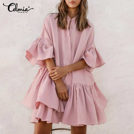 Celmia Bohemian Summer Sundress 2023 Women Ruffled Party Mini Dress Sexy Half Sleeve Buttons Casual Solid Beach Vestidos Robe