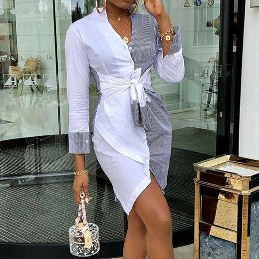 Hot Women Sexy Stripe Patchwork Shirt Dress V Neck Bandage Long Sleeve Stripe Asymmetrical Mini Dress Office Lady Casual Dresses