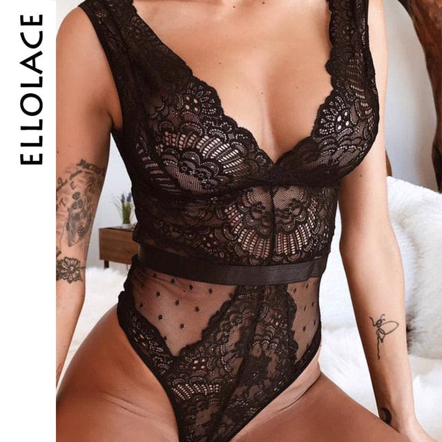 Ellolace Sommer Spitze Bodysuit Frauen Stickerei Transparent Tiefer V-Ausschnitt Sexy Bodys Dot Bodycon Mesh Top Ärmelloser Femlae Body