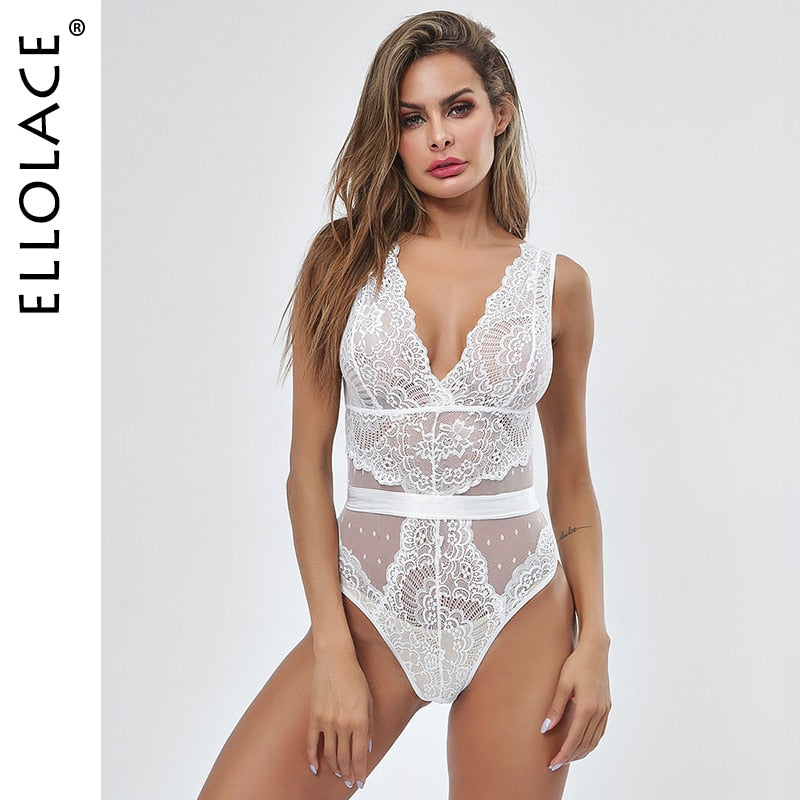 Ellolace Sommer Spitze Bodysuit Frauen Stickerei Transparent Tiefer V-Ausschnitt Sexy Bodys Dot Bodycon Mesh Top Ärmelloser Femlae Body