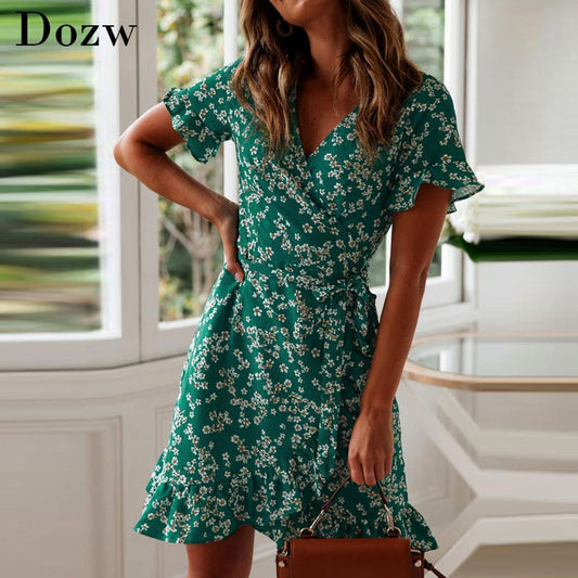 Damen Kleider Sommer 2023 Sexy V-Ausschnitt Blumendruck Boho Strandkleid Rüschen Kurzarm A-Linie Minikleid Wrap Sommerkleid Robe