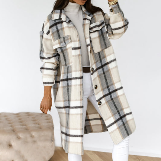 Herbst Winter Frauen Karierte Jacke Lässig Umlegekragen Plaid Langer Mantel Weiblicher Übergroßer Dicker Warmer Wollmischungen Mantel