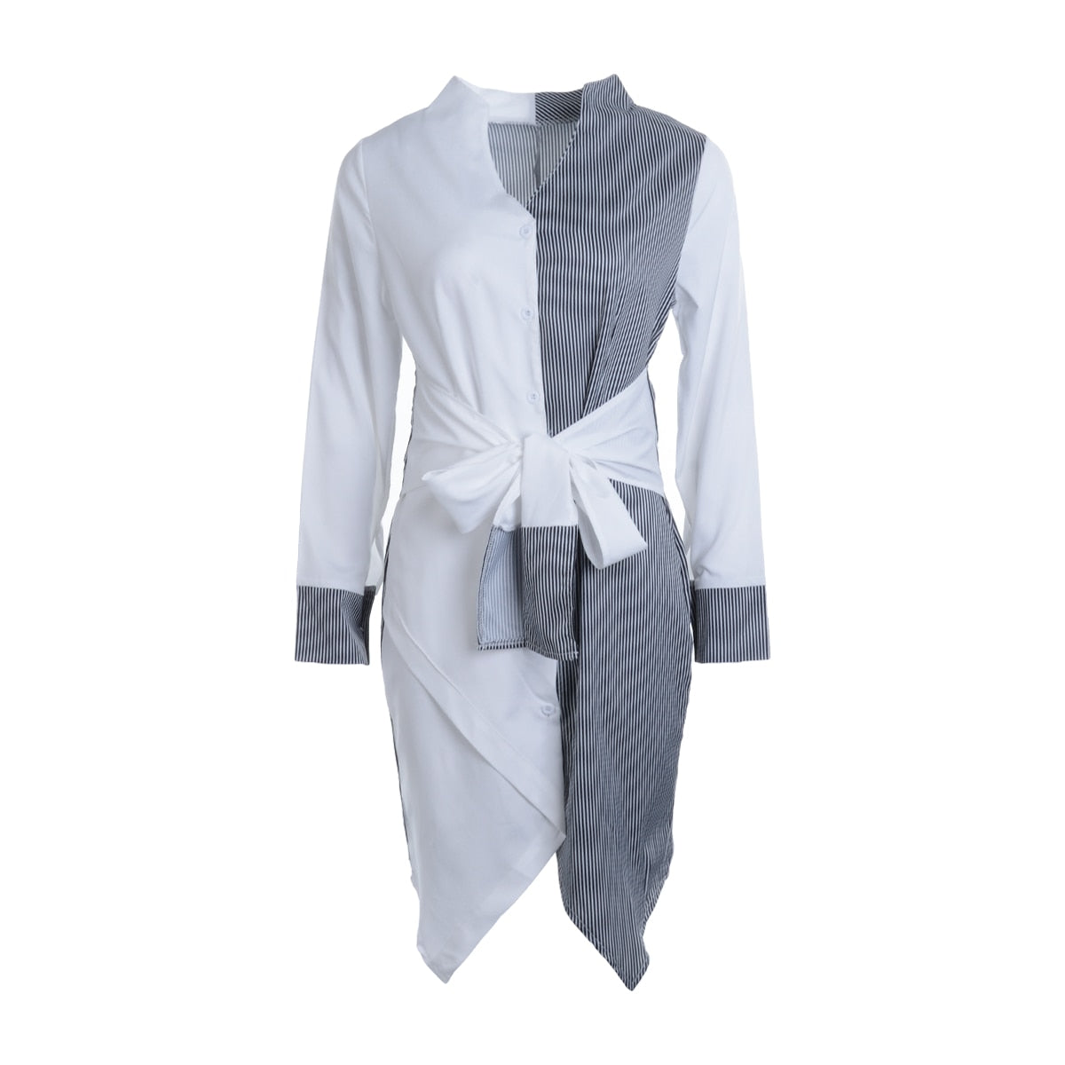 Heiße Frauen-reizvolles Streifen-Patchwork-Hemd-Kleid V-Ansatz-Verband-lange Hülsen-Streifen-asymmetrisches Minikleid-Büro-Dame-beiläufige Kleider