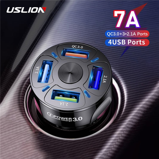 USLION 4 منافذ USB شاحن سيارة 48 واط سريع 7A شحن سريع صغير آيفون 11 شاومي هواوي محول شاحن الهاتف المحمول في السيارة