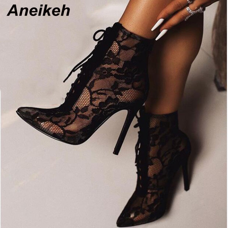 Aneikeh 2023 New Mature Mesh Women Boots Floral Lace-Up Thin High Heels Ankle Pointed Toed Party Wedding Shoes Black Size 35-40