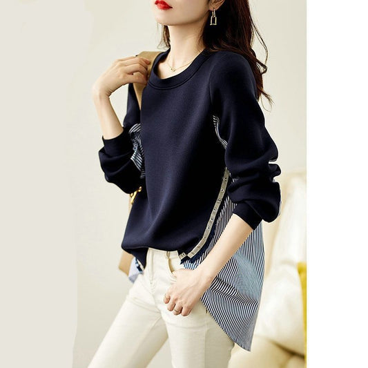 Striped splicing shirt sweater female 2023  new leisure age-shrouded single breasted fashion wild top