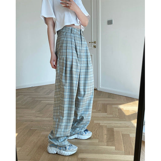 Spring and summer new European and American retro trendy grille high waist wide pants loose vertical cool radish trousers trousers women