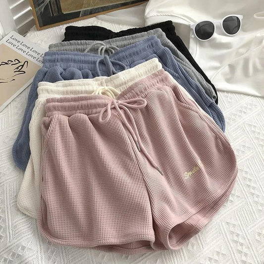 Shorts Damen Sport Mode Waffel Rosa Sommer Student Dünnschliff Lose Weite Beine Lässig Hohe Taille Hot Pants